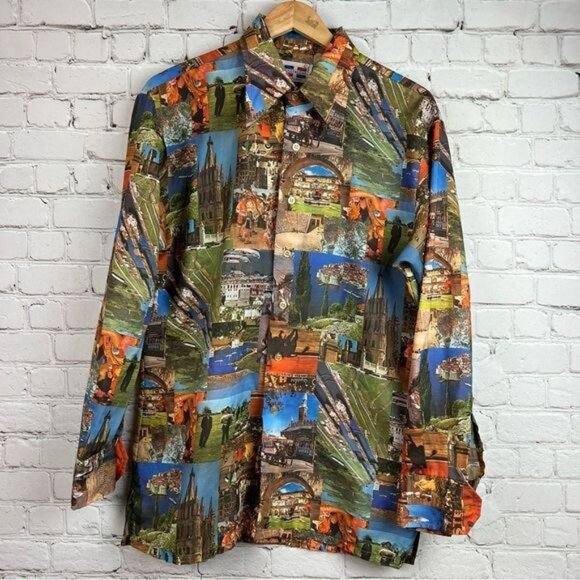 Vintage 70’s Trafalgar Travel Photo Mosaic Print Dagger Collar Disco Club Shirt - Picture 1 of 12